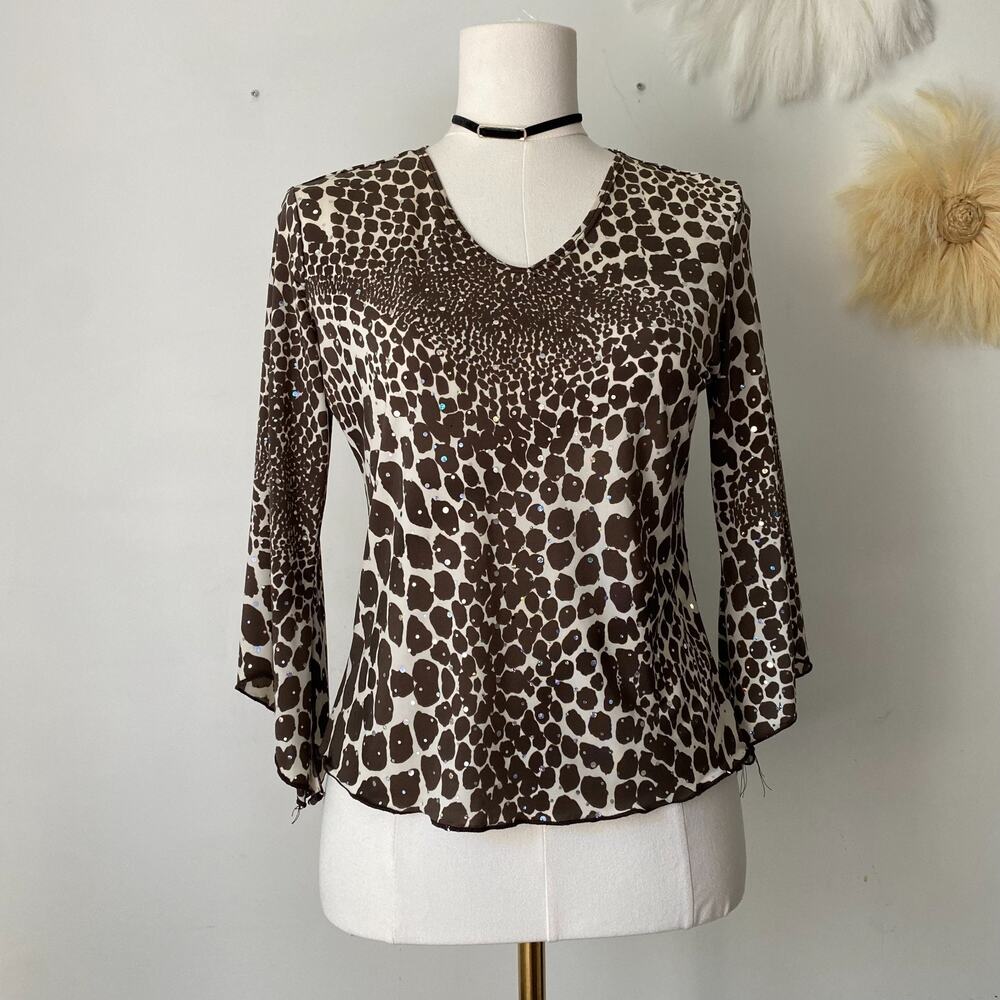 Vintage Brittany Black‎ Womens Y2K Animal Print Top Size M Sequin Grunge 90s
